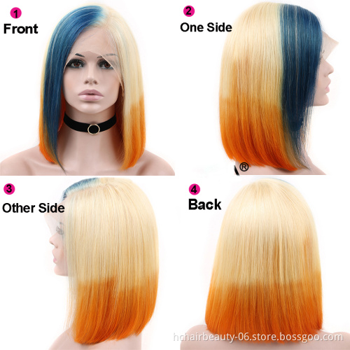 Blue/Orange/613 Blonde Lace Front Wig Ombre Straight Lace Front Wig Bob 13x4 Brazilian Short Human Hair Wigs Pre Plucked Remy